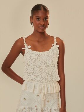 Farm Rio White Flowers Crochet Top